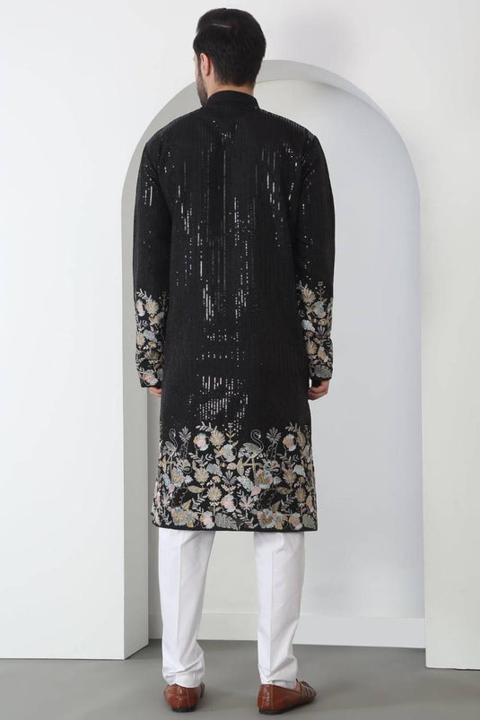 Neelkamal Black Cotton Embroidered Floral Thread Kurta Set