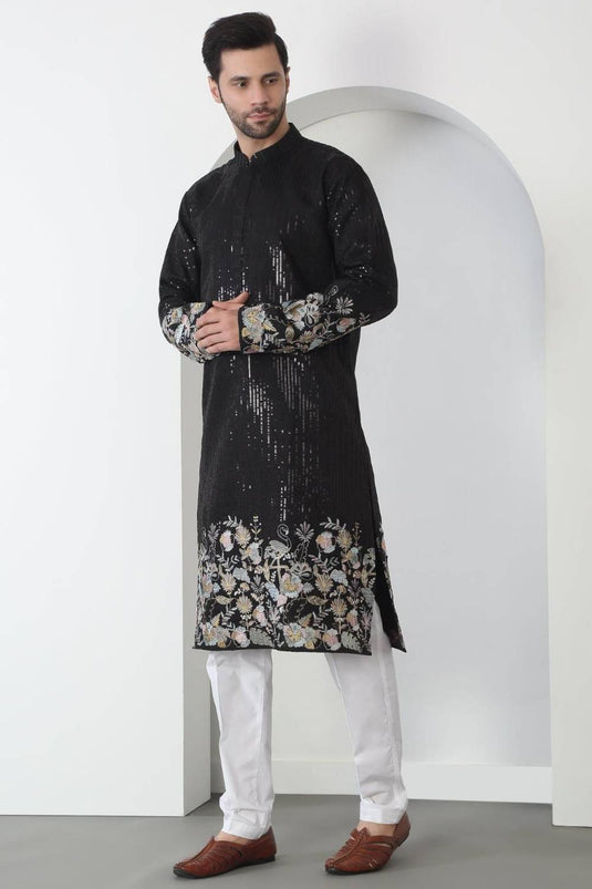 Neelkamal Black Cotton Embroidered Floral Thread Kurta Set