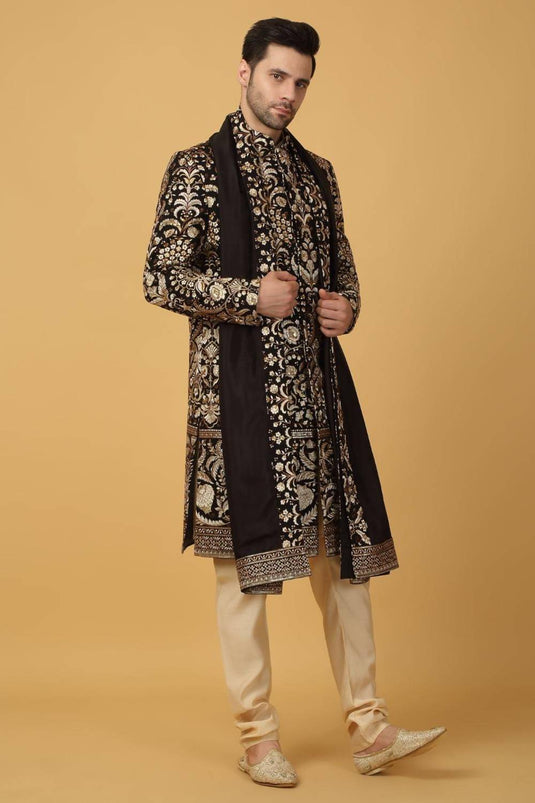 Nizam Embroidered Sherwani Set - Black
