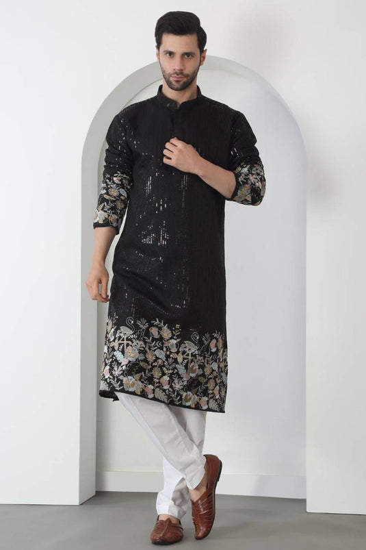 Neelkamal Black Cotton Embroidered Floral Thread Kurta Set