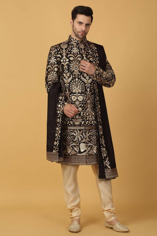 Nizam Embroidered Sherwani Set - Black