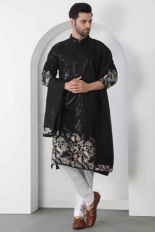 Neelkamal Black Cotton Embroidered Floral Thread Kurta Set