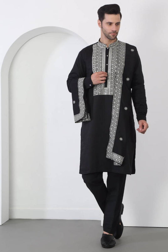 Nawaab Embroidered  Kurta Dupatta Pants Set - Black