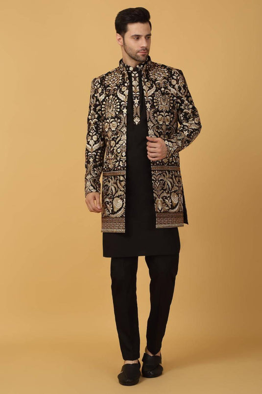 Nizam Embroidered Indo Western Jacket Set - Black