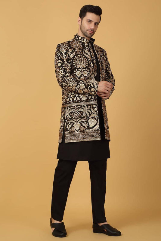 Nizam Embroidered Indo Western Jacket Set - Black