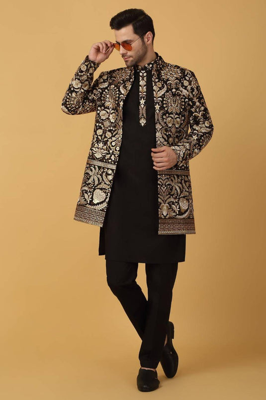 Nizam Embroidered Indo Western Jacket Set - Black
