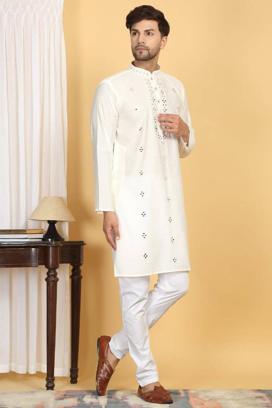 Swarna Mirror Work Kurta And Pant Set - Cream