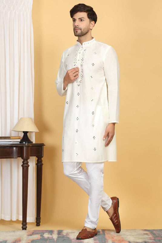 Swarna Mirror Work Kurta And Pant Set - Cream