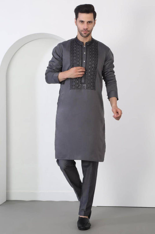 Nawaab Embroidered  Kurta Dupatta Pants Set - Grey