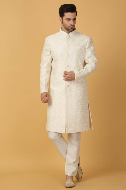 Shwet Banaras Embroidered Sherwani Set - Ivory White