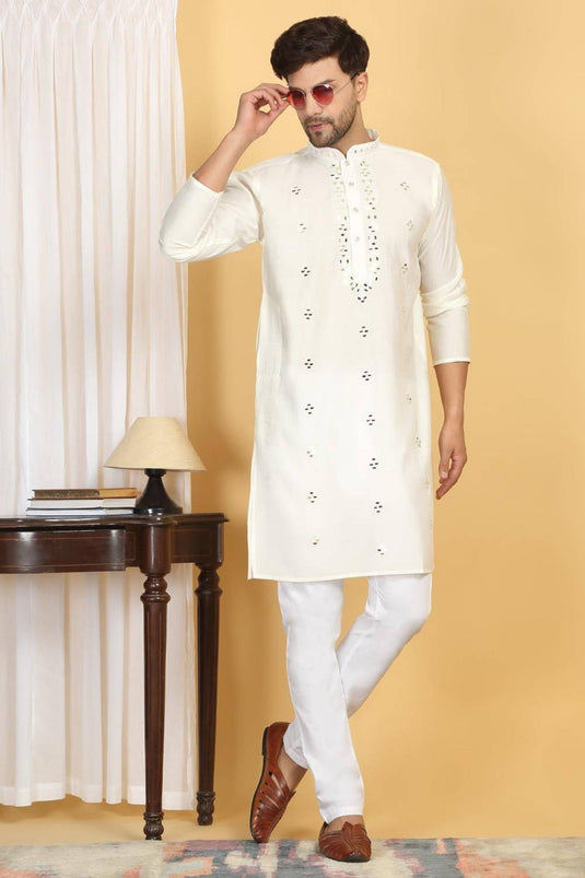 Swarna Mirror Work Kurta And Pant Set - Cream
