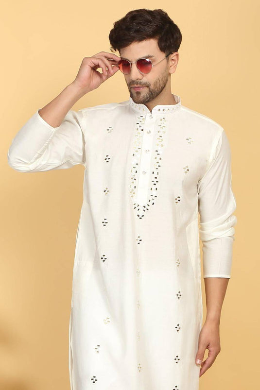 Swarna Mirror Work Kurta And Pant Set - Cream