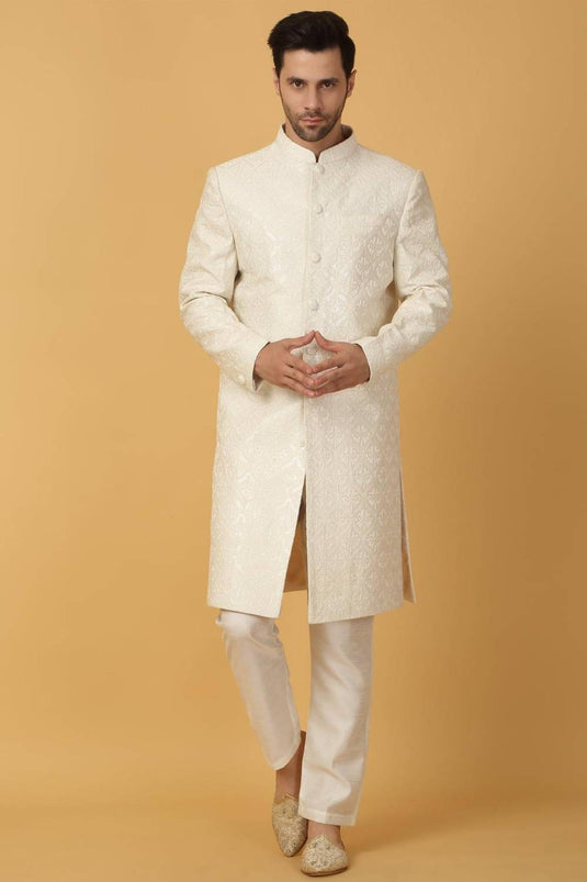 Shwet Banaras Embroidered Sherwani Set - Ivory White