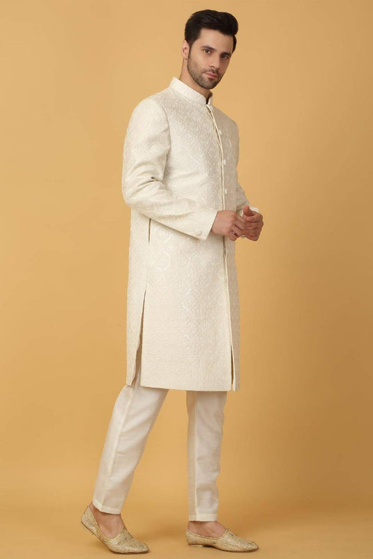 Shwet Banaras Embroidered Sherwani Set - Ivory White