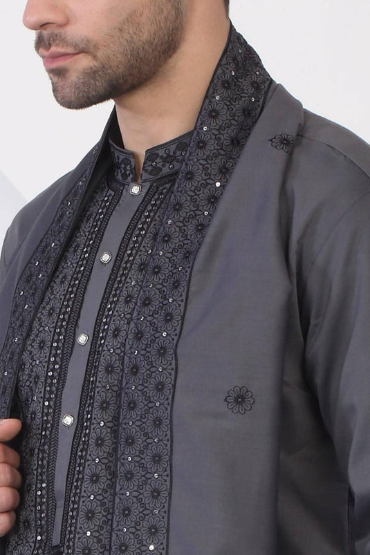 Nawaab Embroidered  Kurta Dupatta Pants Set - Grey