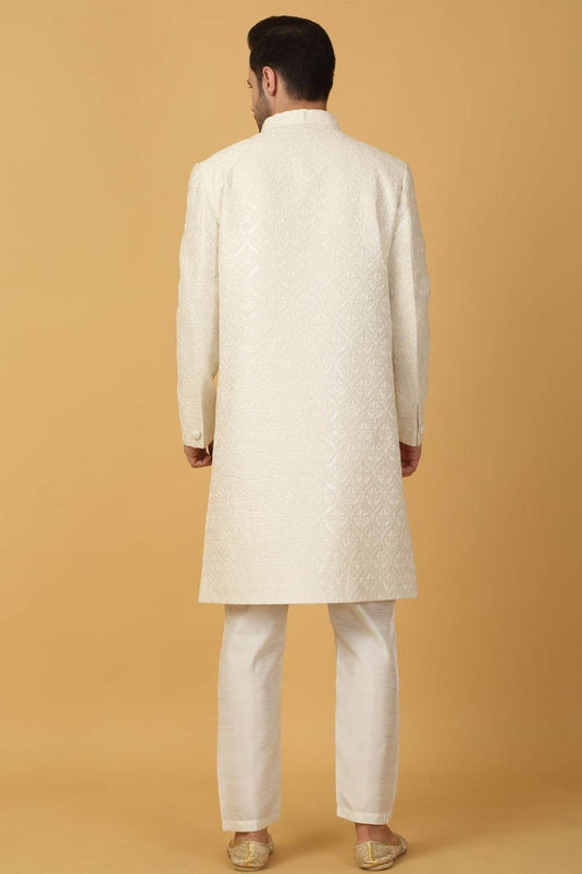 Shwet Banaras Embroidered Sherwani Set - Ivory White