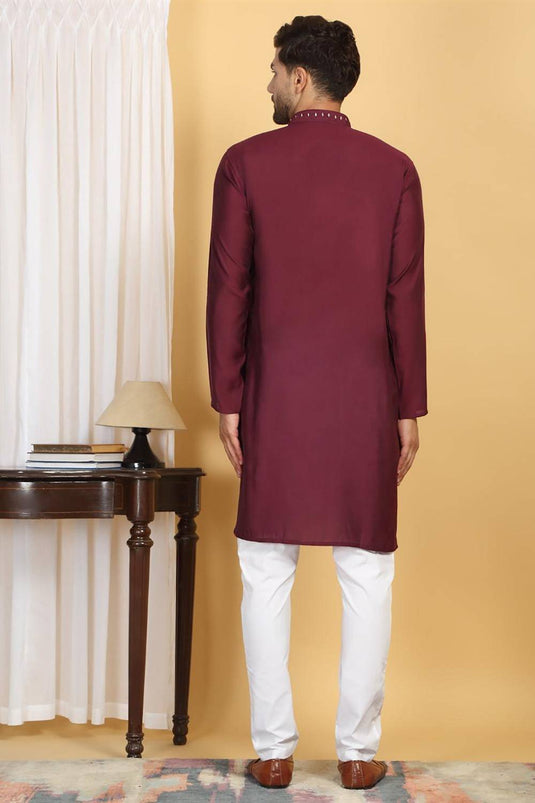 Rajat Mirror Embroidery Work Kurta And Pant Set - Maroon Wine