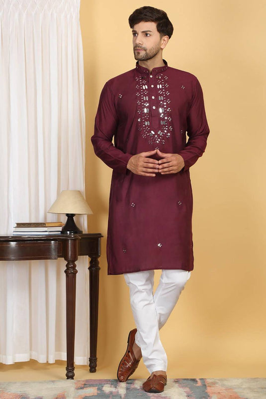 Rajat Mirror Embroidery Work Kurta And Pant Set - Maroon Wine