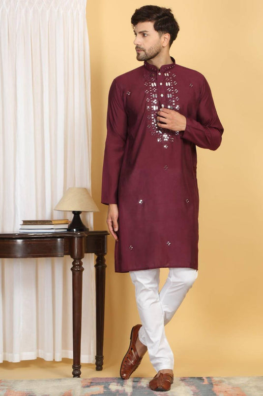 Rajat Mirror Embroidery Work Kurta And Pant Set - Maroon Wine