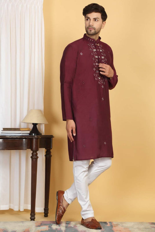 Rajat Mirror Embroidery Work Kurta And Pant Set - Maroon Wine