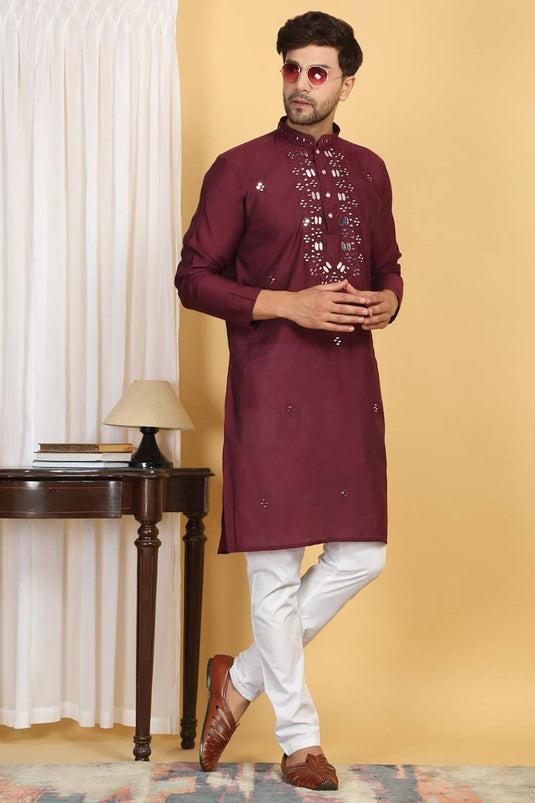 Rajat Mirror Embroidery Work Kurta And Pant Set - Maroon Wine