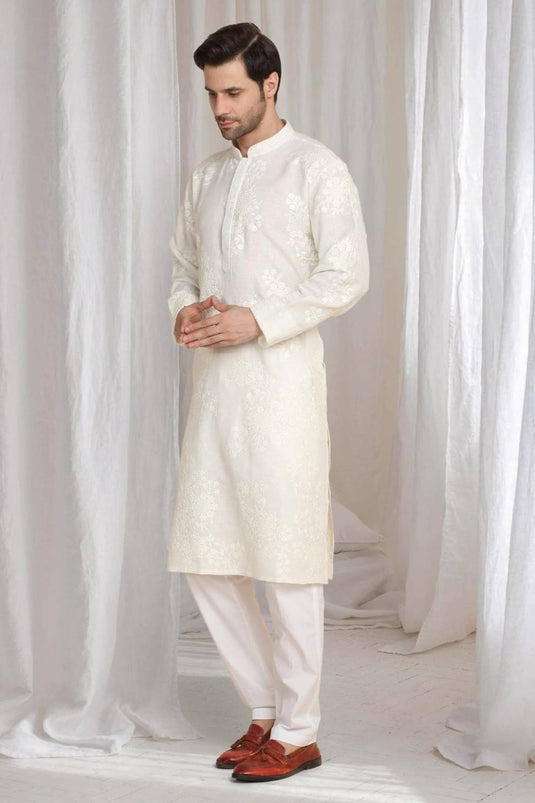 Aham Gulistaan Embroidery Thread Kurta  Set - White