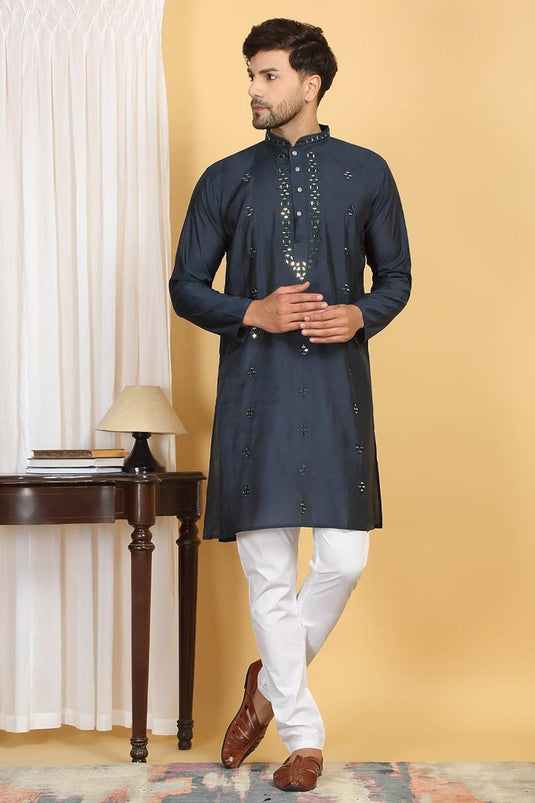 Swarna Mirror Work Kurta And Pant Set - Ink Blue