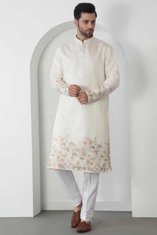 Shwet Off White Cotton Embroidered Sequin Floral Thread Kurta Set