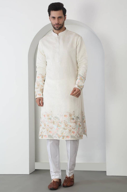 Shwet Off White Cotton Embroidered Sequin Floral Thread Kurta Set
