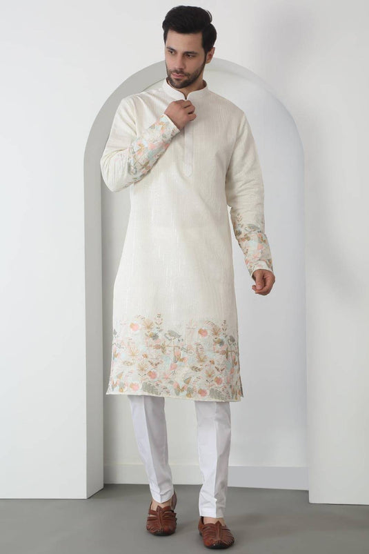 Shwet Off White Cotton Embroidered Sequin Floral Thread Kurta Set