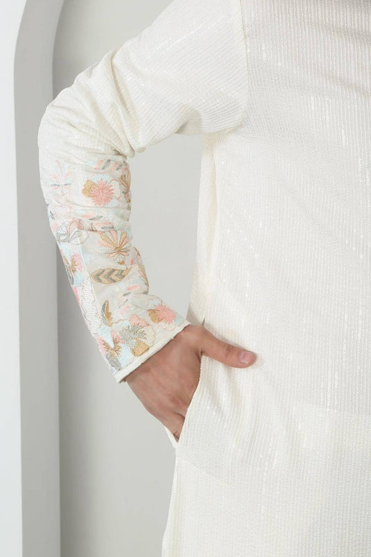 Shwet Off White Cotton Embroidered Sequin Floral Thread Kurta Set