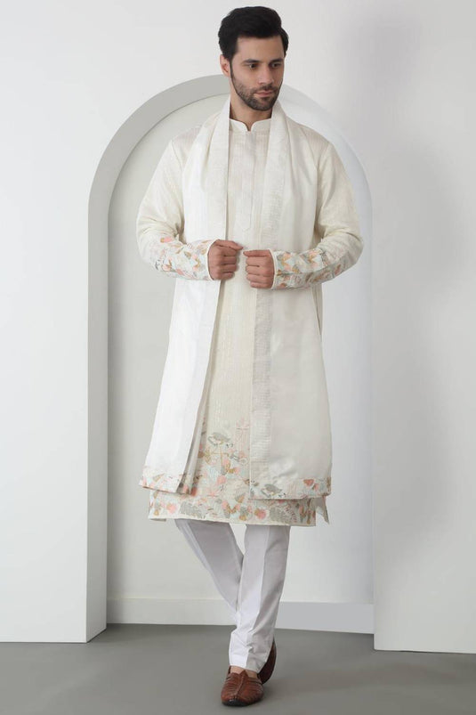 Shwet Off White Cotton Embroidered Sequin Floral Thread Kurta Set
