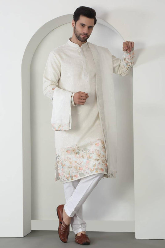 Shwet Off White Cotton Embroidered Sequin Floral Thread Kurta Set
