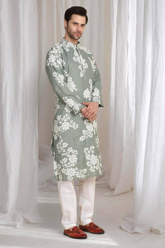 Aham Gulistaan Embroidery Thread Kurta Set - Pastel Olive
