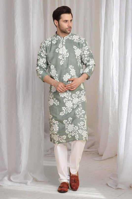 Aham Gulistaan Embroidery Thread Kurta Set - Pastel Olive