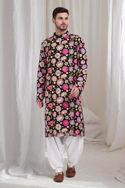 Pushpvilaas Embroidered Flower Kurta Patiala Set- Black