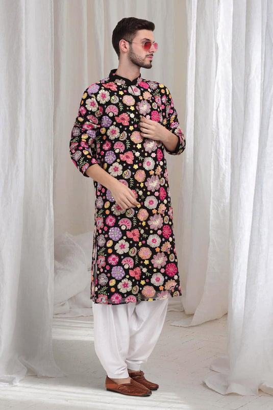 Pushpvilaas Embroidered Flower Kurta Patiala Set- Black