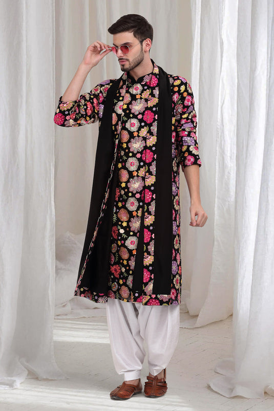 Pushpvilaas Embroidered Flower Kurta Patiala Set- Black