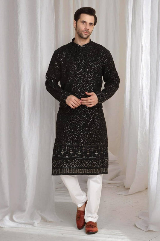 Mehfil Cotton Embroidery Thread Kurta Set - Black