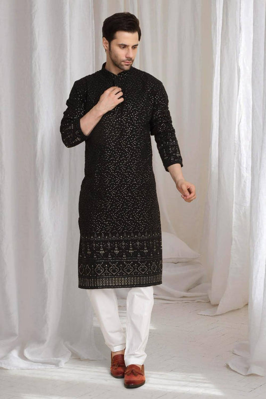 Mehfil Cotton Embroidery Thread Kurta Set - Black