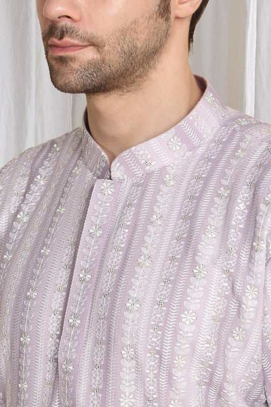 Prafull Cotton Embroidery Pastel Kurta Set - Pastel Purple