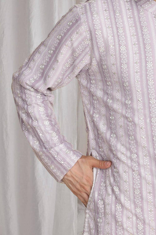 Prafull Cotton Embroidery Pastel Kurta Set - Pastel Purple