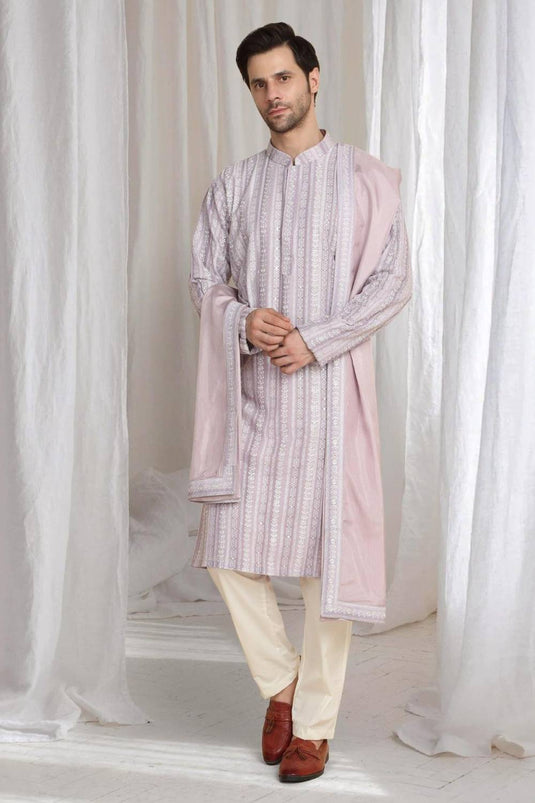 Prafull Cotton Embroidery Pastel Kurta Set - Pastel Purple