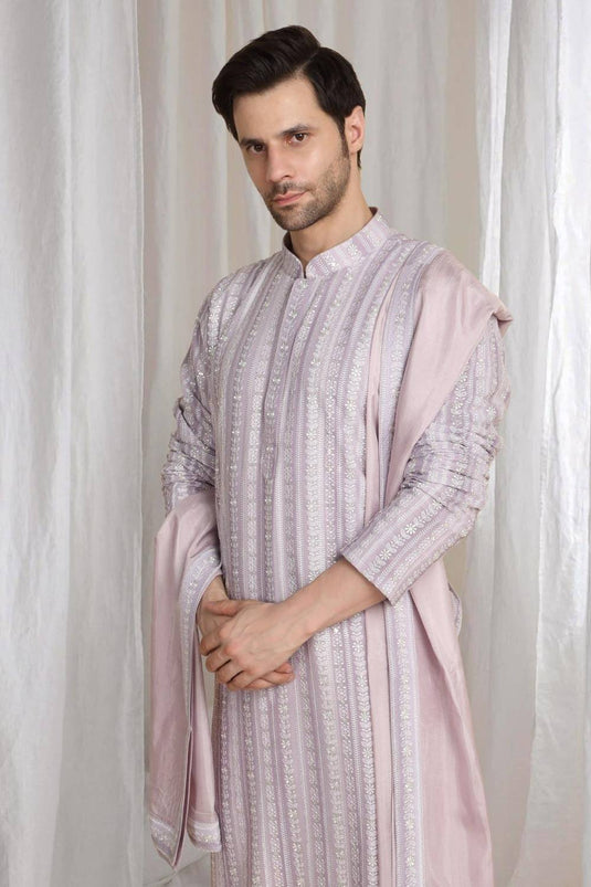 Prafull Cotton Embroidery Pastel Kurta Set - Pastel Purple