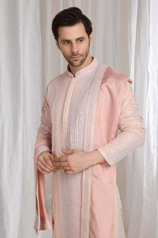 Ambar Ombre Embroidered Kurta Dupatta Set - Pastel Coral