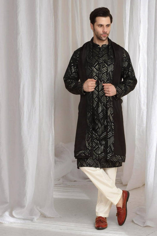 Asuka Black Cotton Embroidery Geometric Thread Kurta set
