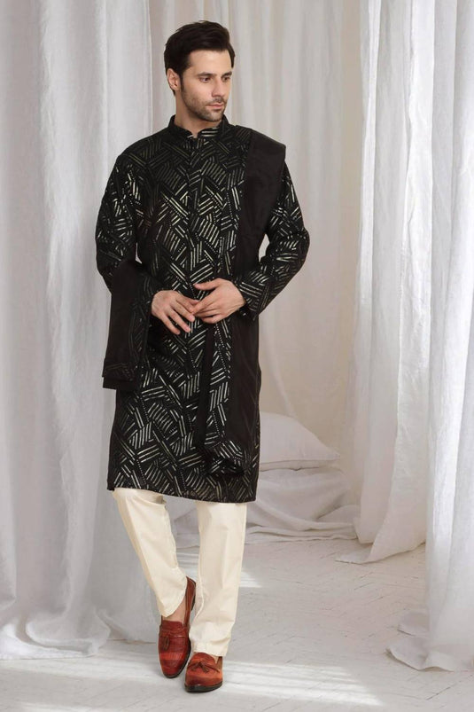 Asuka Black Cotton Embroidery Geometric Thread Kurta set