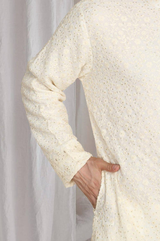 Mehfil Cotton Embroidery Thread Kurta And Dupatta Set - Cream