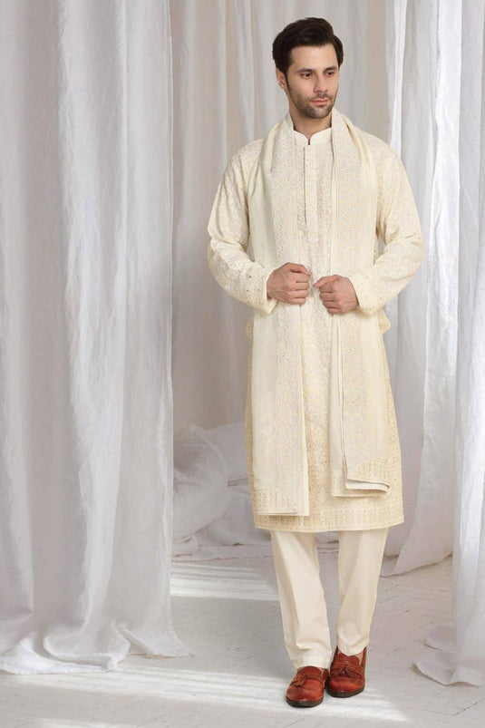 Mehfil Cotton Embroidery Thread Kurta And Dupatta Set - Cream