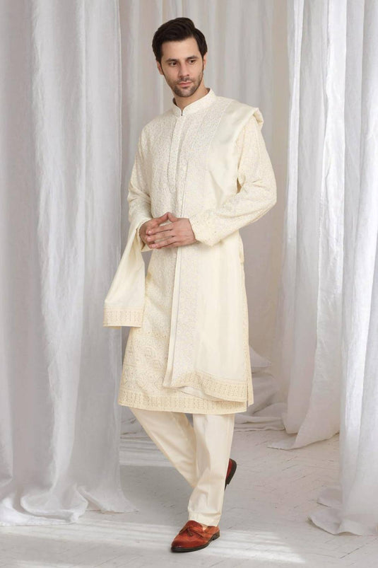 Mehfil Cotton Embroidery Thread Kurta And Dupatta Set - Cream